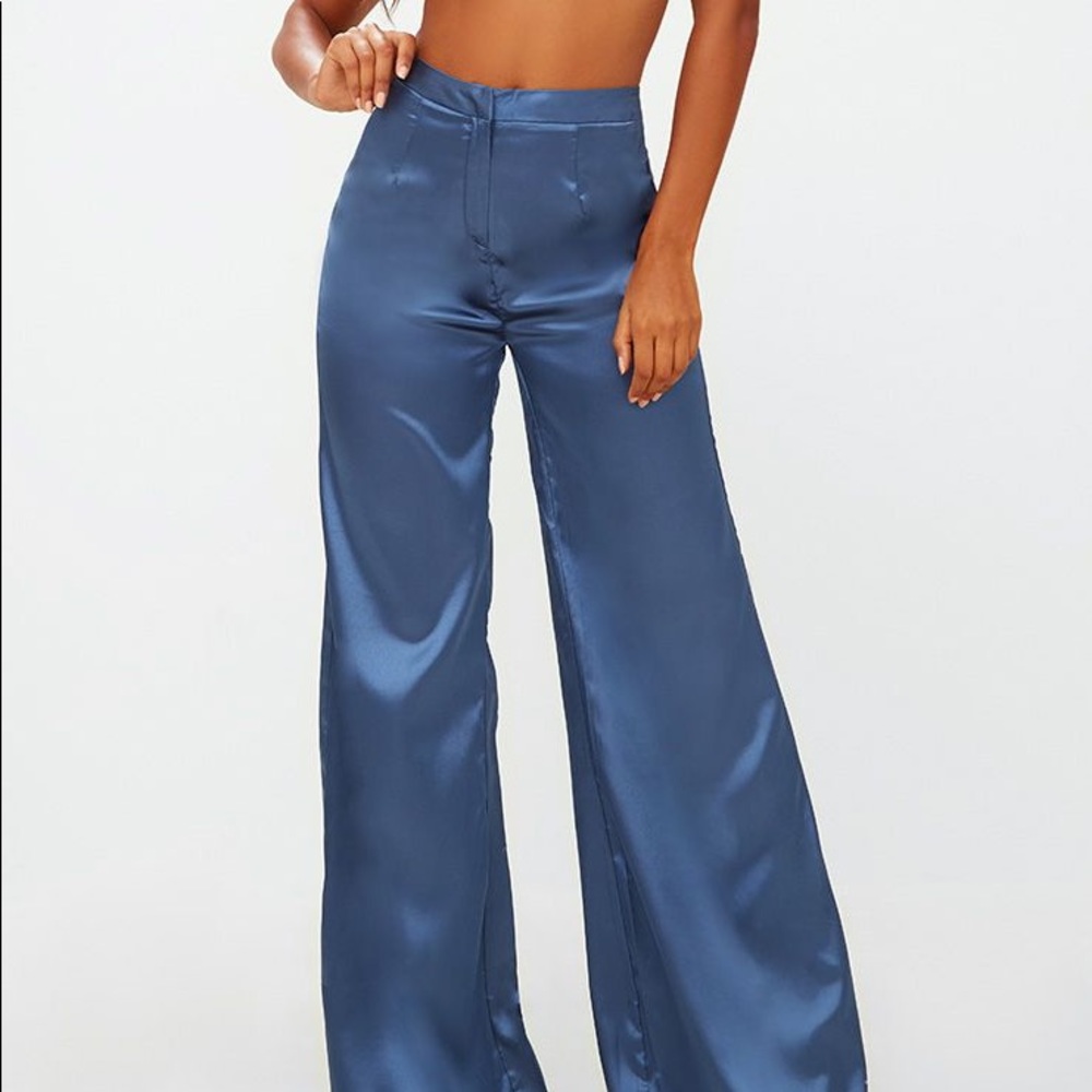 Blue Satin Wide Leg Pants